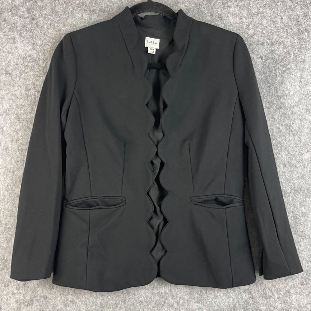 J Crew Scalloped Ponte Blazer Womens 00 Black Stretch Classic Preppy Career‎